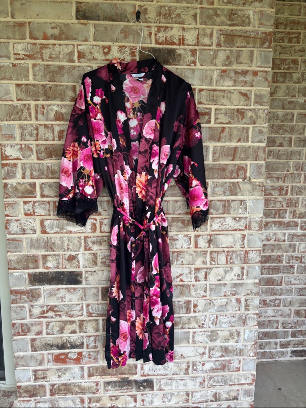 Sofia Intimates  Floral Satin Kimono Robe with Lace Trim - Black & Pink